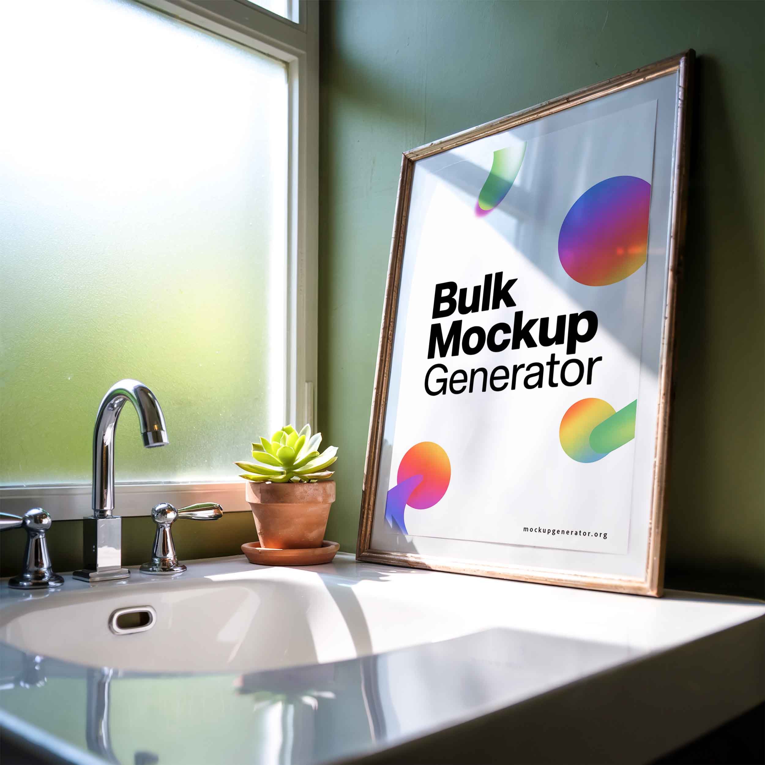 Bathroom poster on sink poster mockup preview showing a styled bathroom