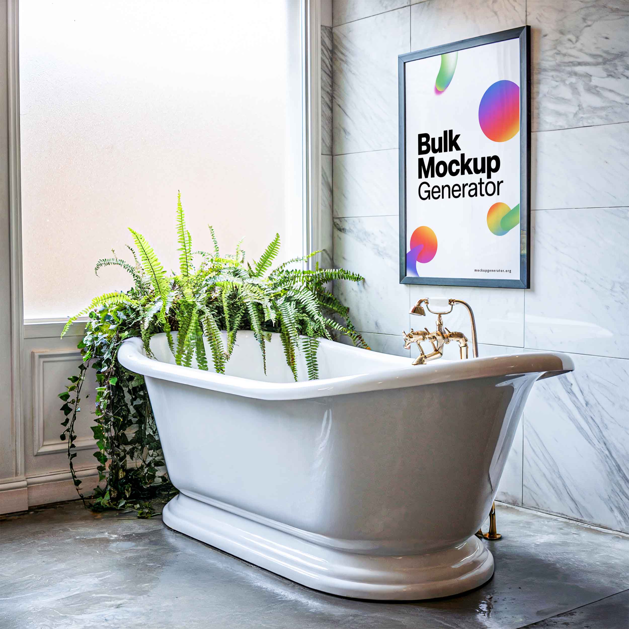 Framed poster in a bathroom with bath and greens poster mockup preview showing a styled bathroom