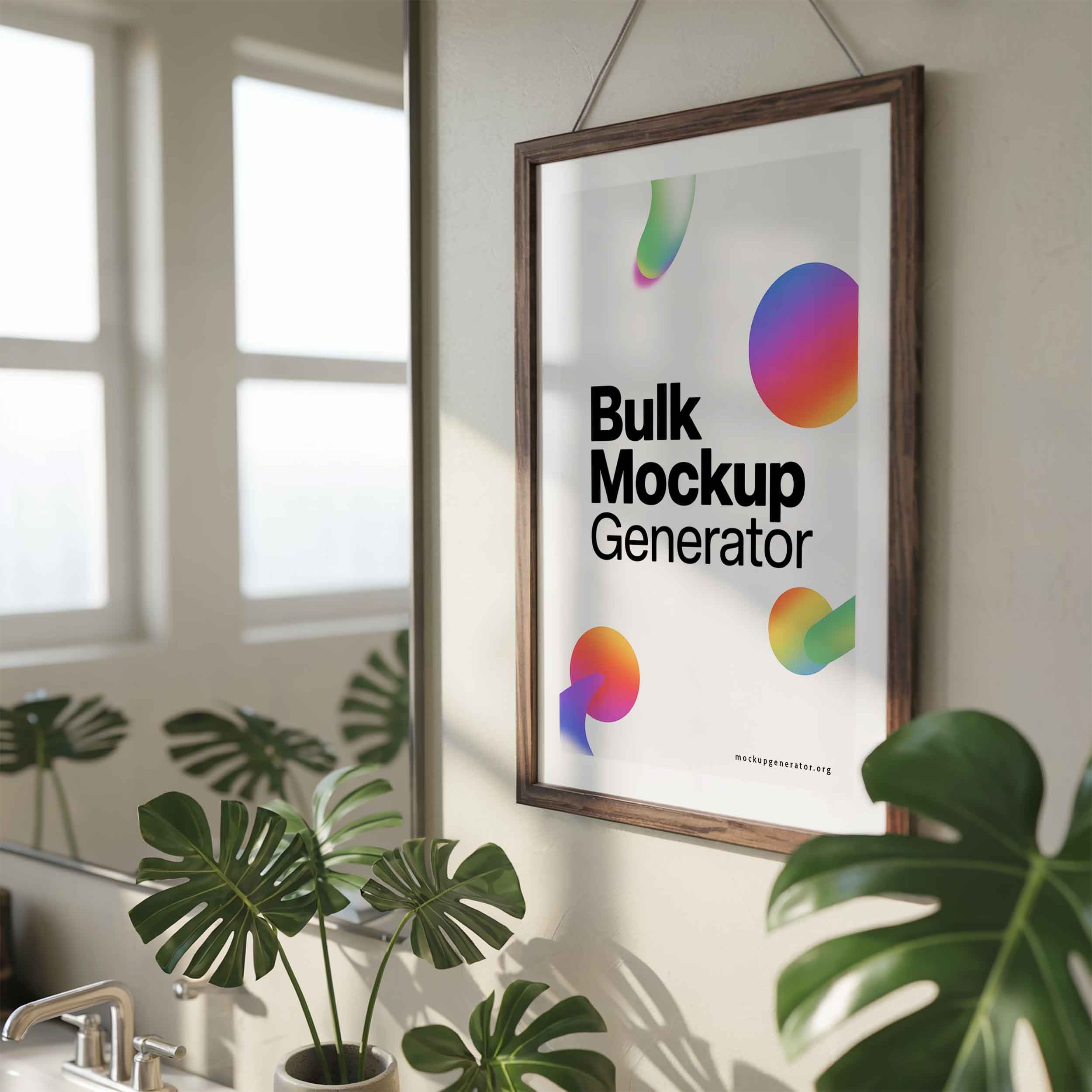 Framed poster in a bathroom with monstera greens poster mockup preview showing a styled bathroom