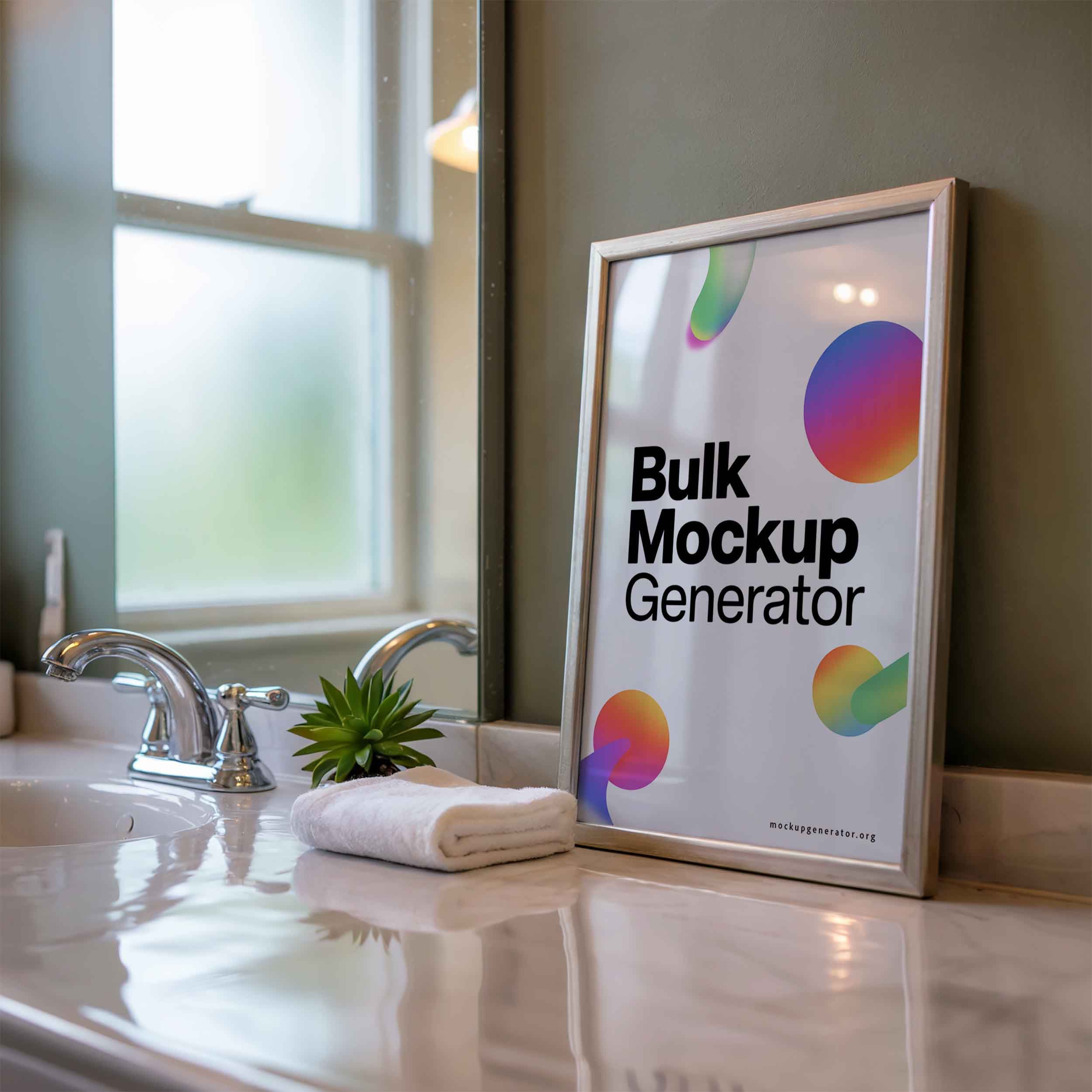 Framed poster in bathroom with succulent poster mockup preview showing a styled bathroom