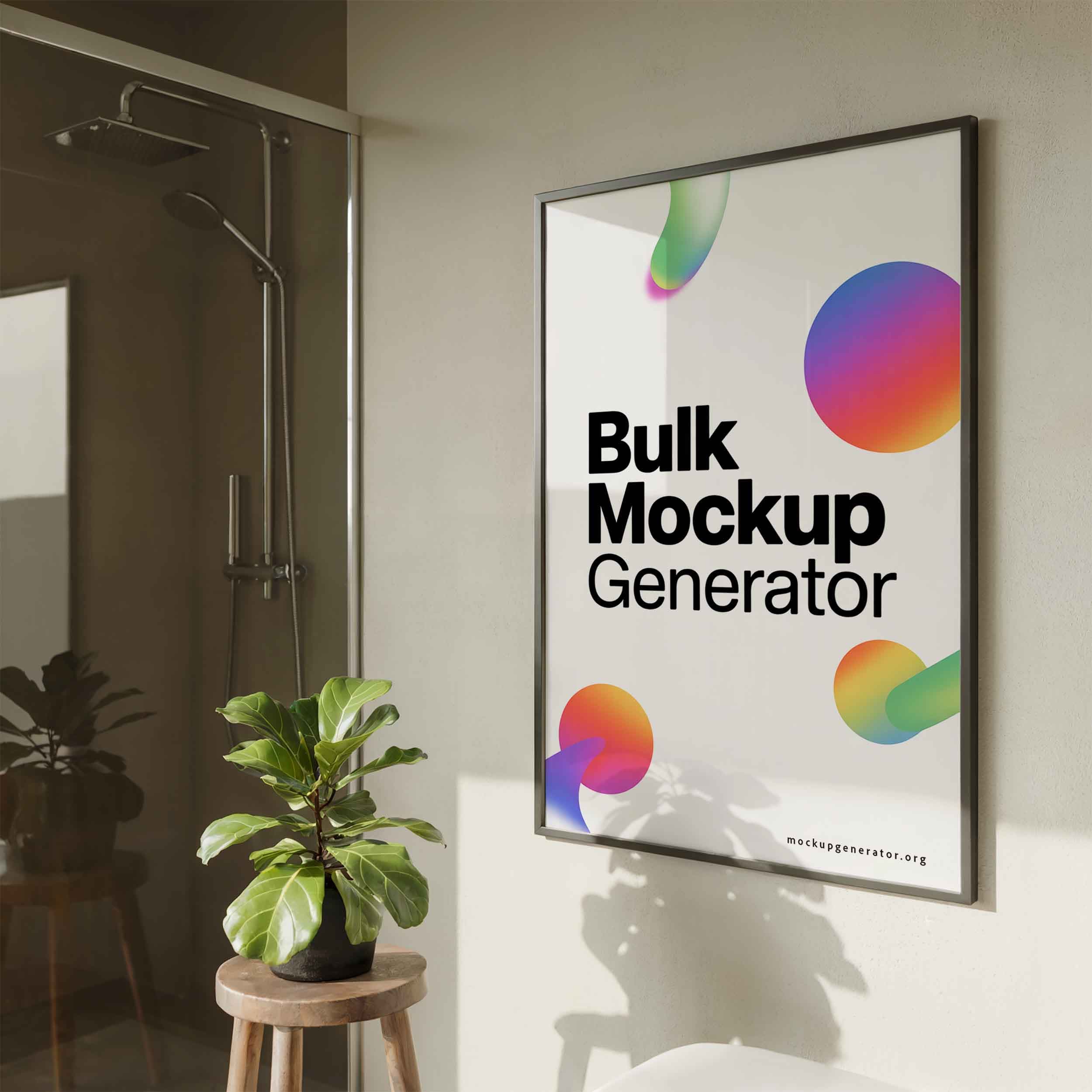 Framed poster in bathroom with shower poster mockup preview showing a styled bathroom