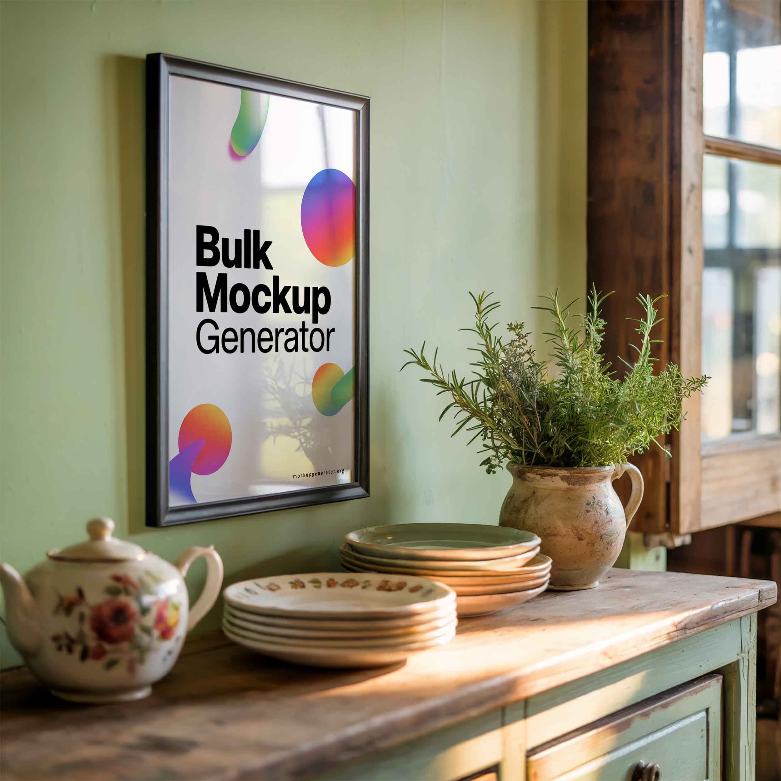 Framed poster in oldschool kitchen poster mockup preview showing a styled kitchen