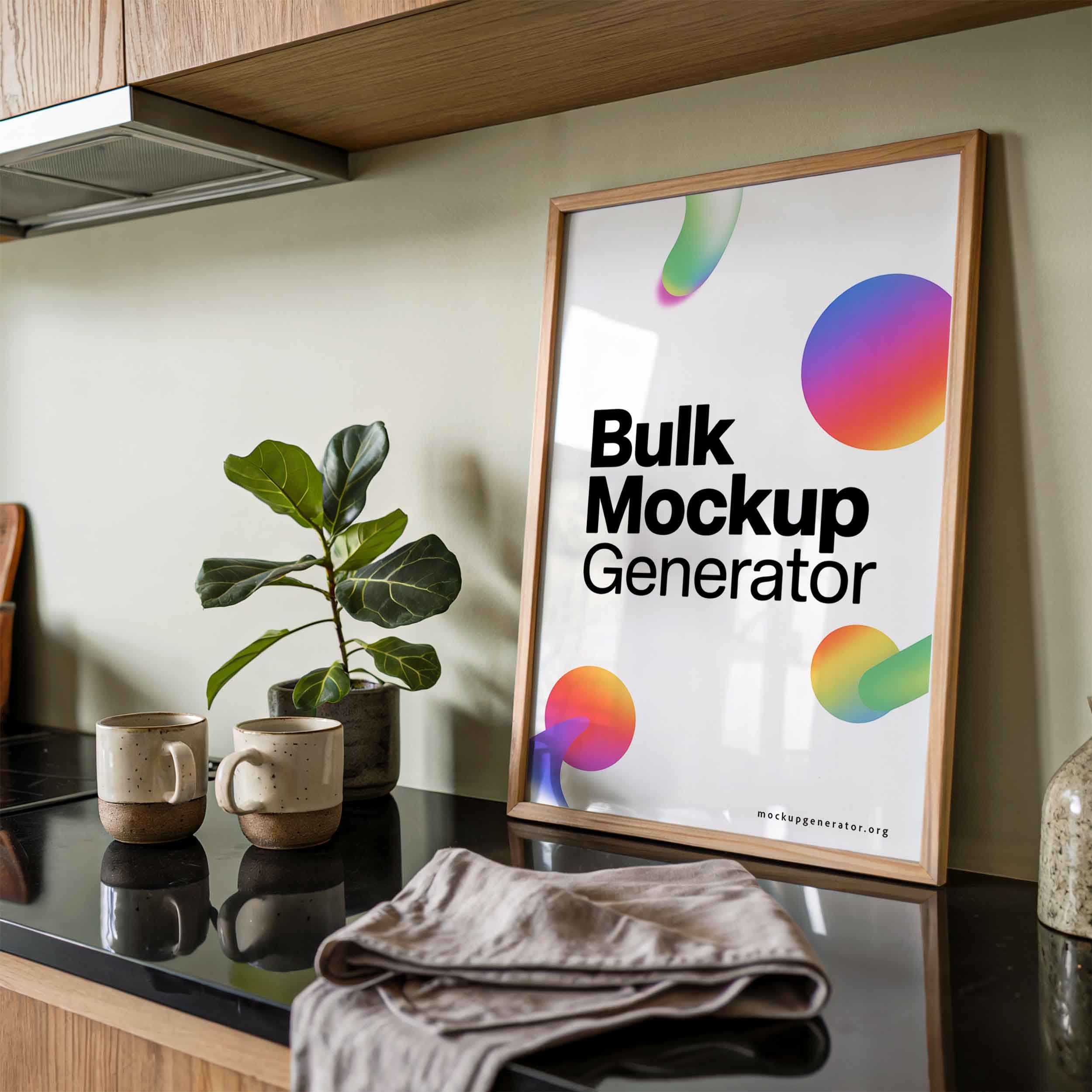 Framed poster in modern kitchen poster mockup preview showing a styled kitchen