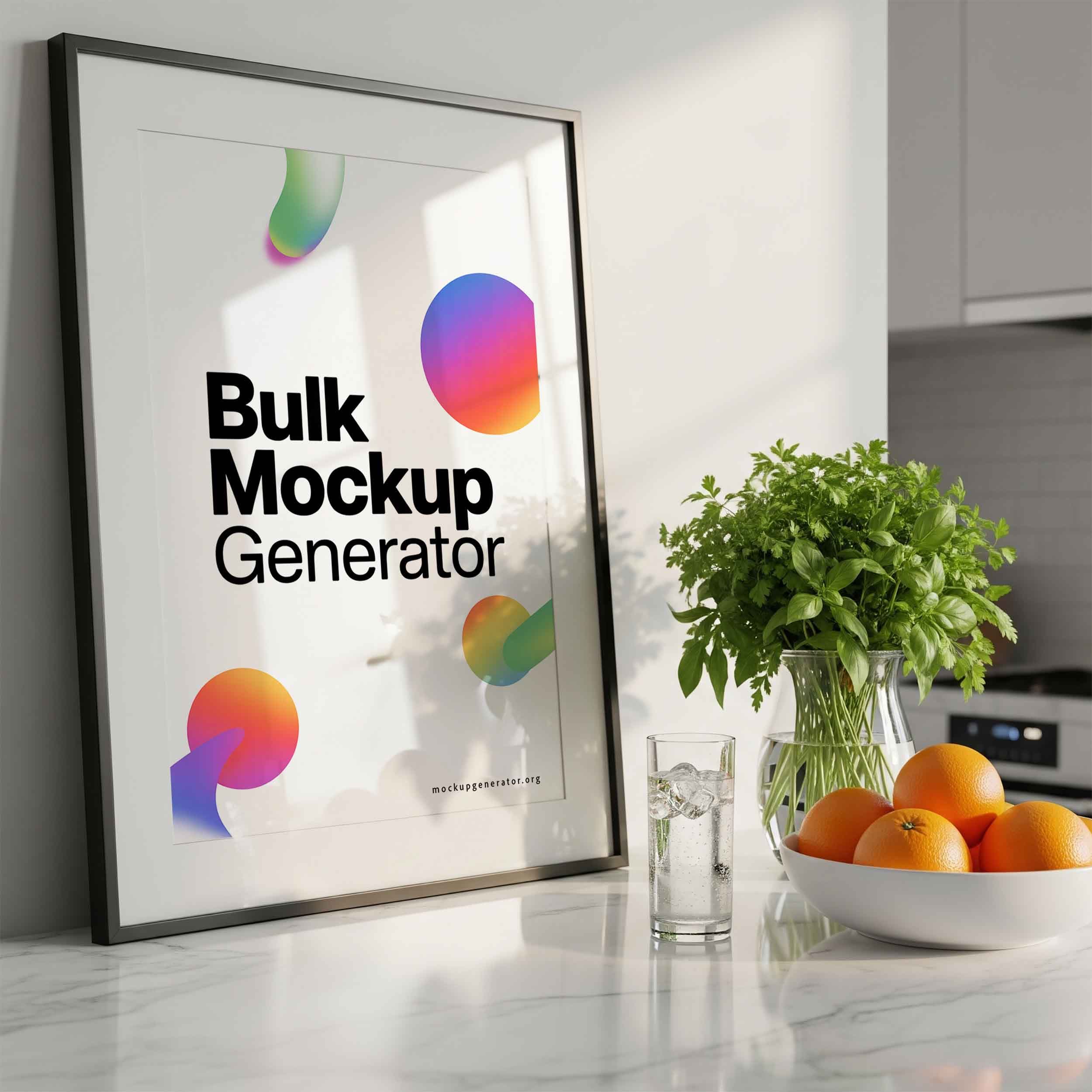 Framed poster in kitchen with Orange poster mockup preview showing a styled kitchen