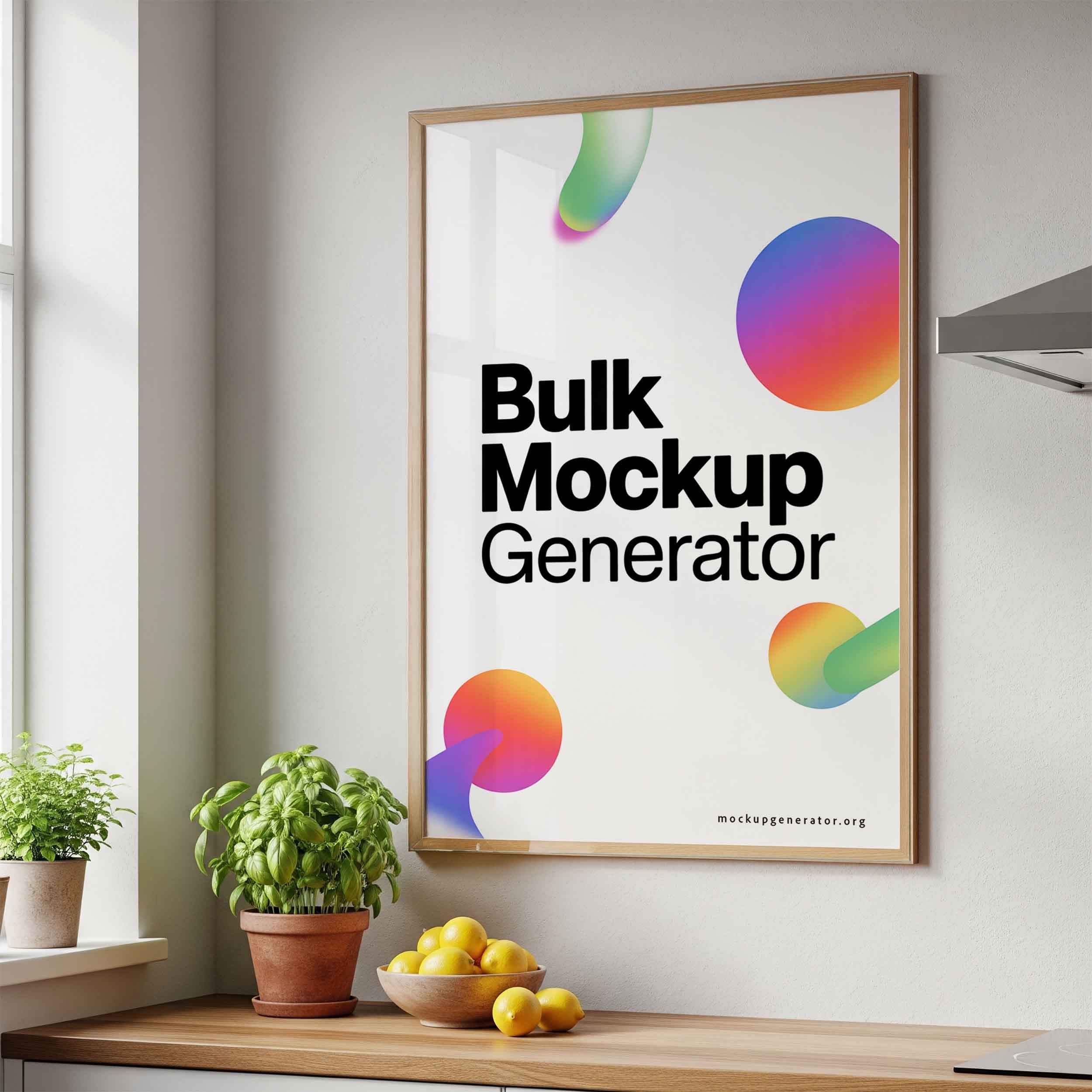 Kitchen large framed poster with window poster mockup preview showing a styled kitchen