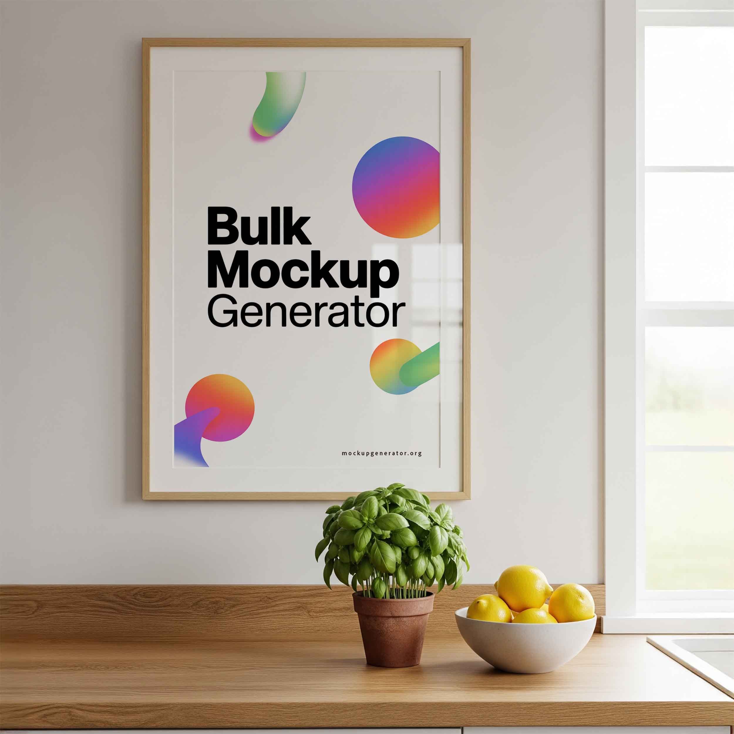 Front view kitchen poster with fruits poster mockup preview showing a styled kitchen