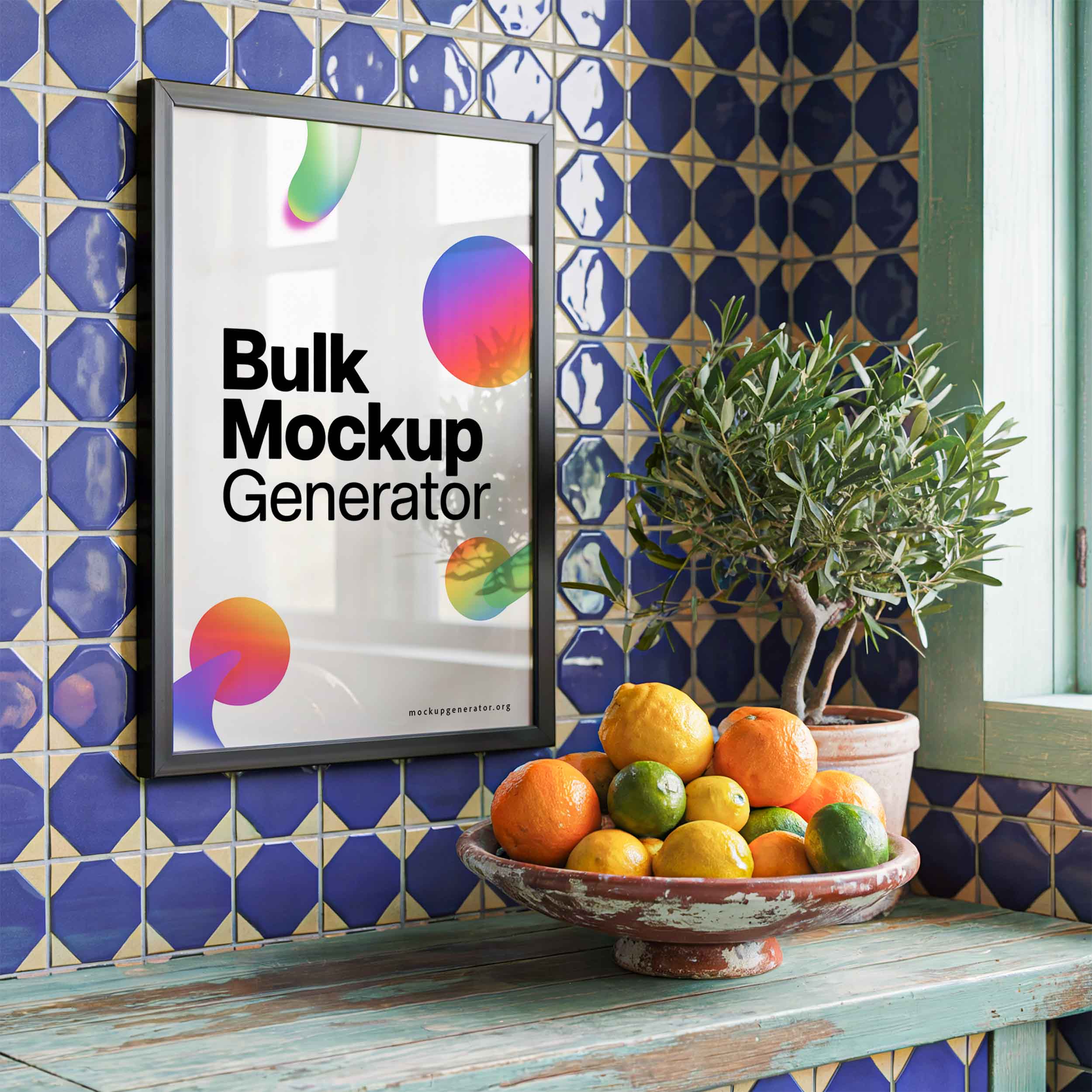 Kitchen poster template with fruits on table poster mockup preview showing a styled kitchen
