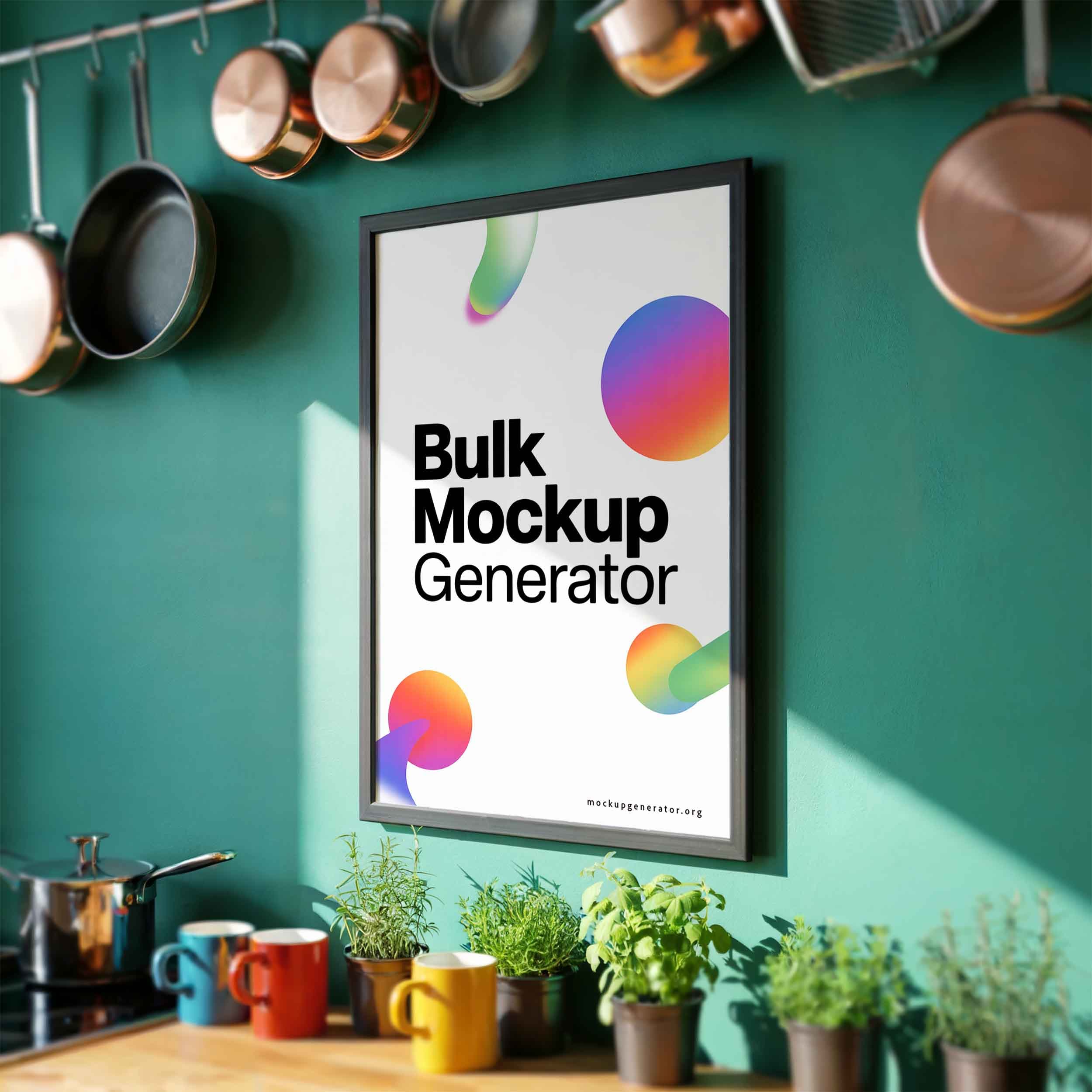 Kitchen poster template with green wall poster mockup preview showing a styled kitchen
