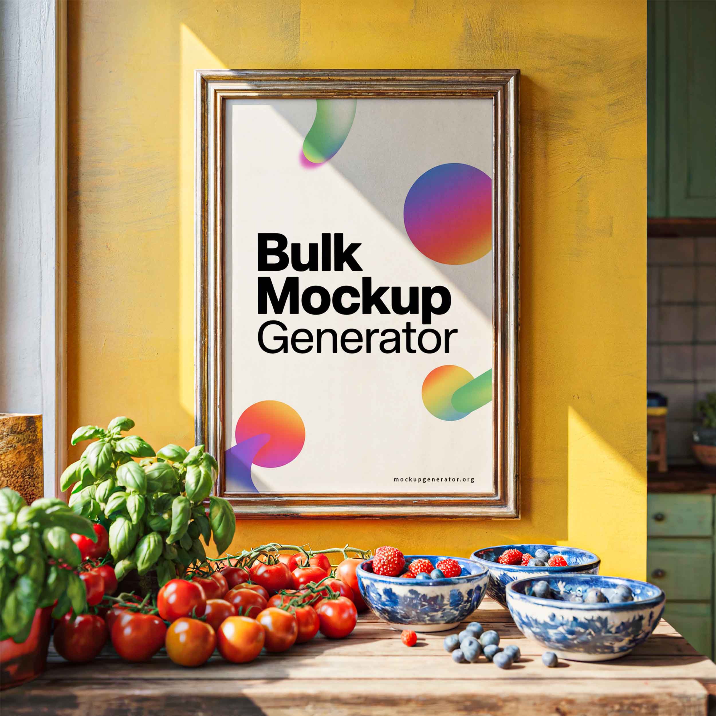 Colorful kitchen framed poster template poster mockup preview showing a styled kitchen