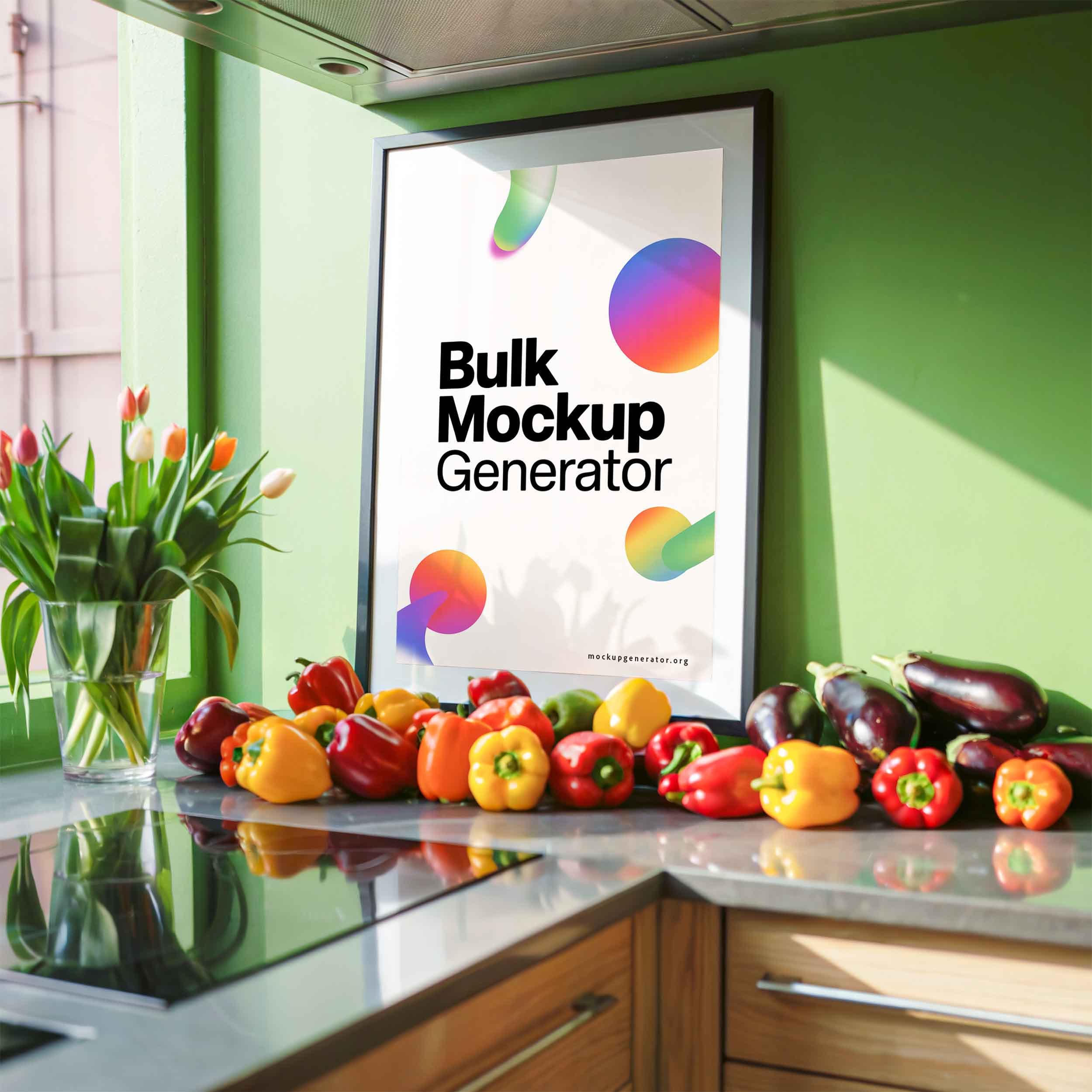 Modern Kitchen framed poster template with vegetables poster mockup preview showing a styled kitchen