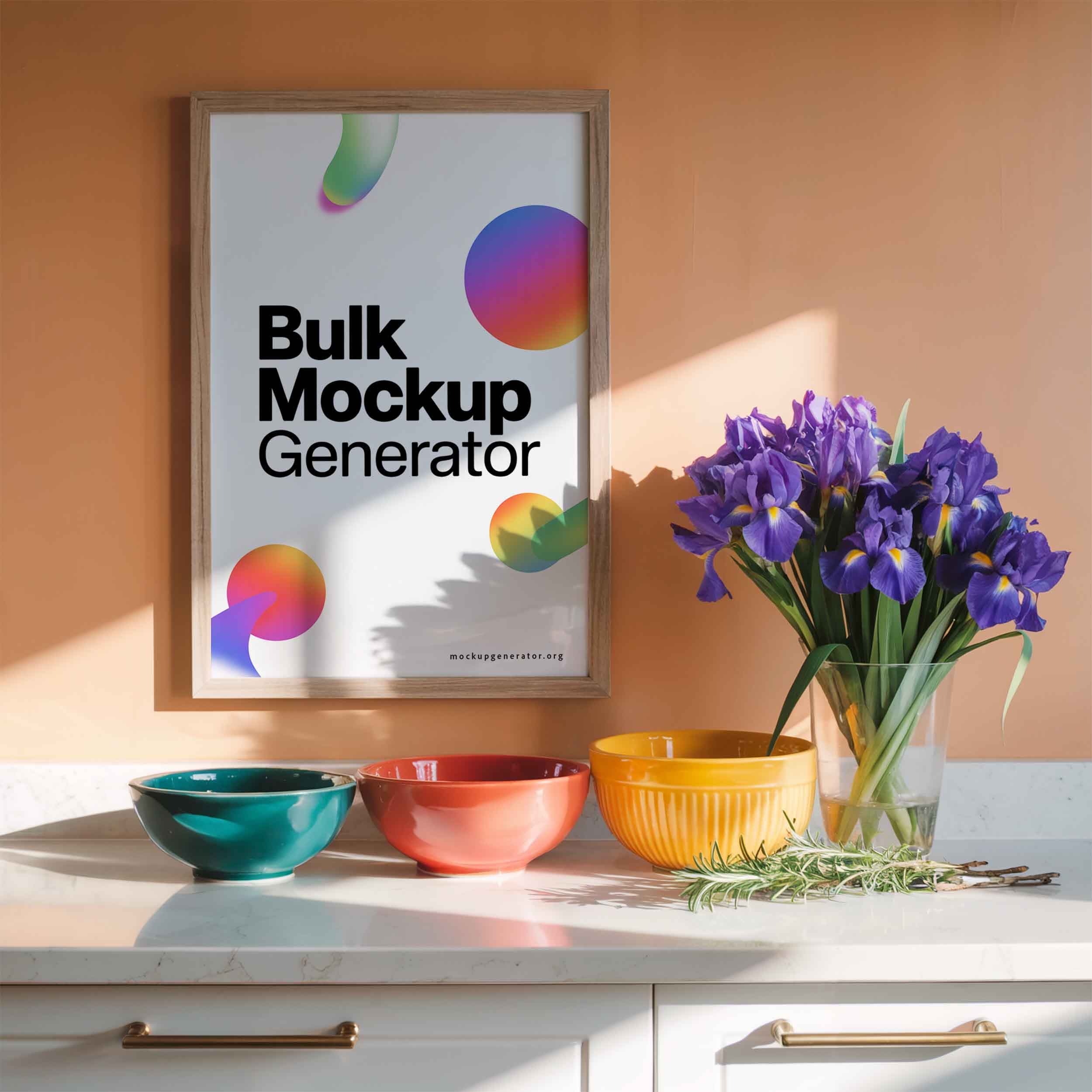 Framed poster in Kitchen with flowers poster mockup preview showing a styled kitchen
