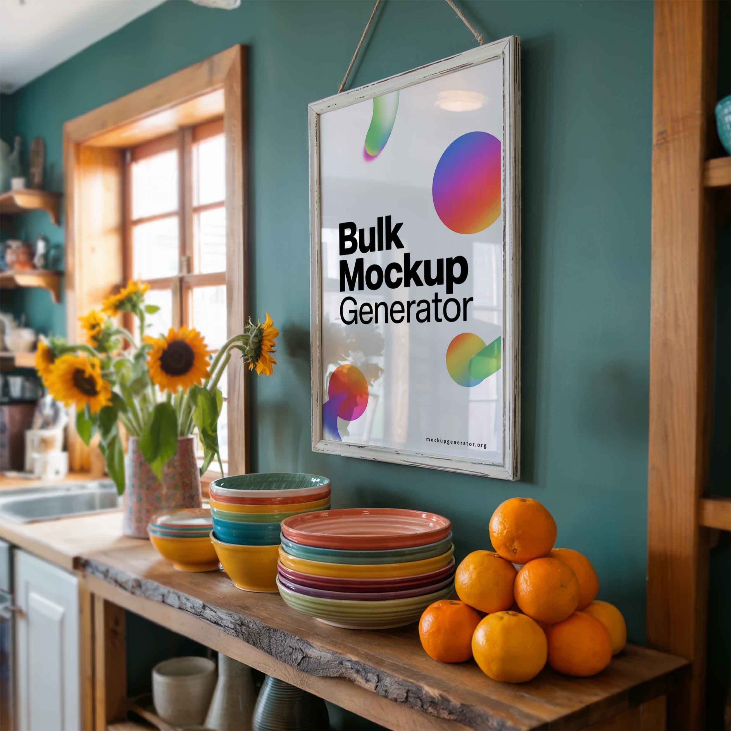 Poster frame in retro kitchen with sunflower poster mockup preview showing a styled kitchen