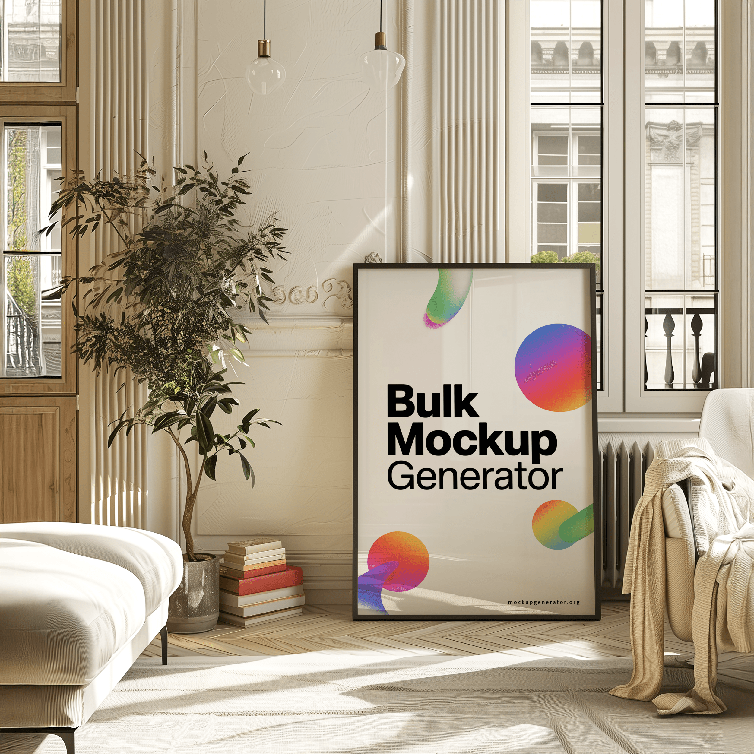 Poster on modern living room poster mockup preview showing a styled living room