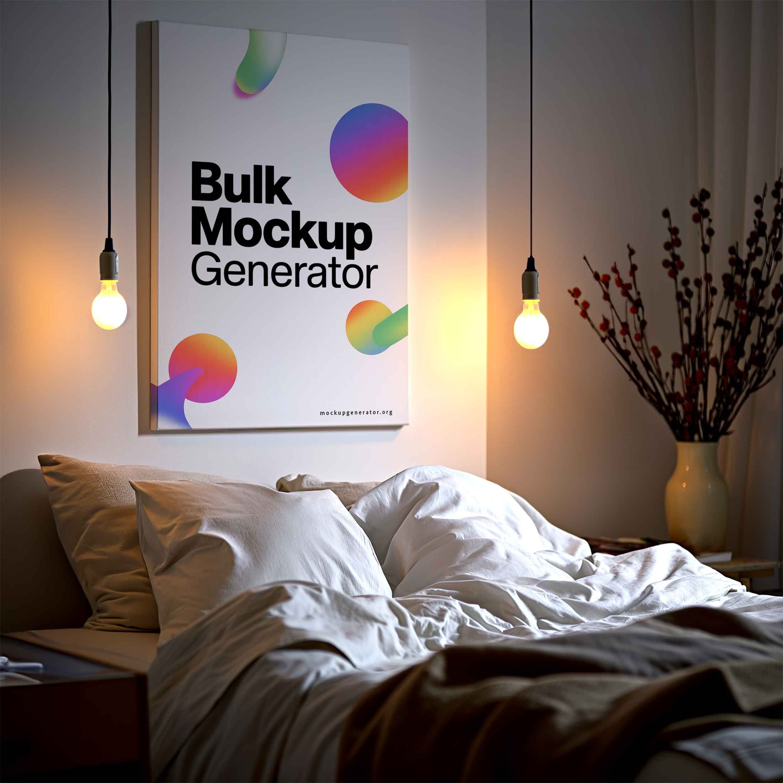 Canvas in bedroom with sunset canvas mockup preview showing a styled bedroom