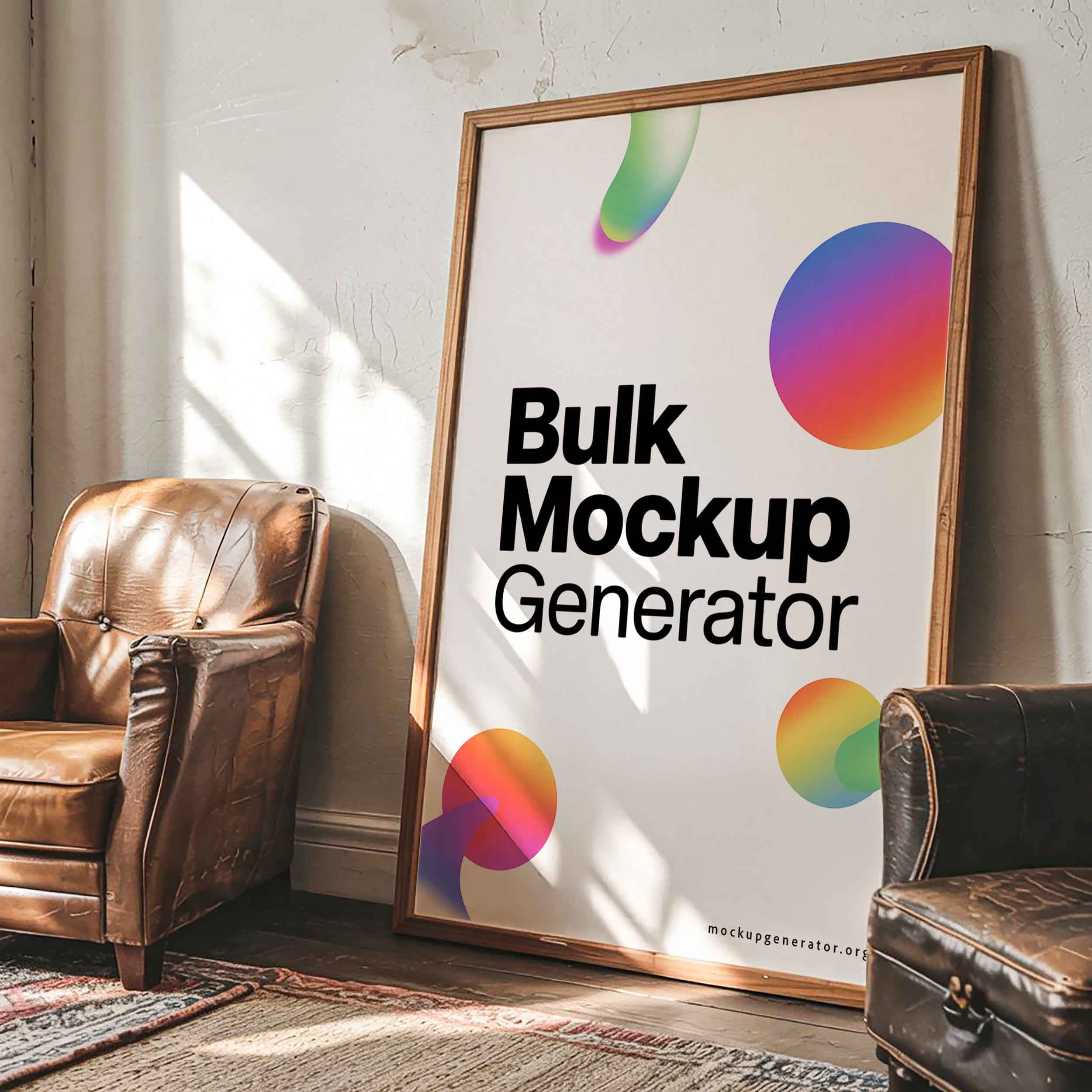 Large poster frame in vintage room poster mockup preview showing a styled living room
