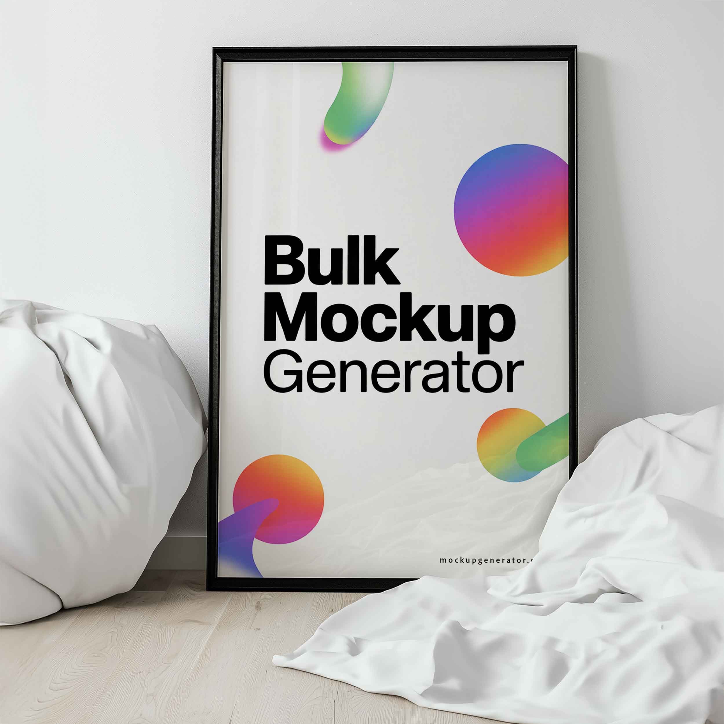 Classic black frame poster with white pillows poster mockup preview showing a styled bedroom