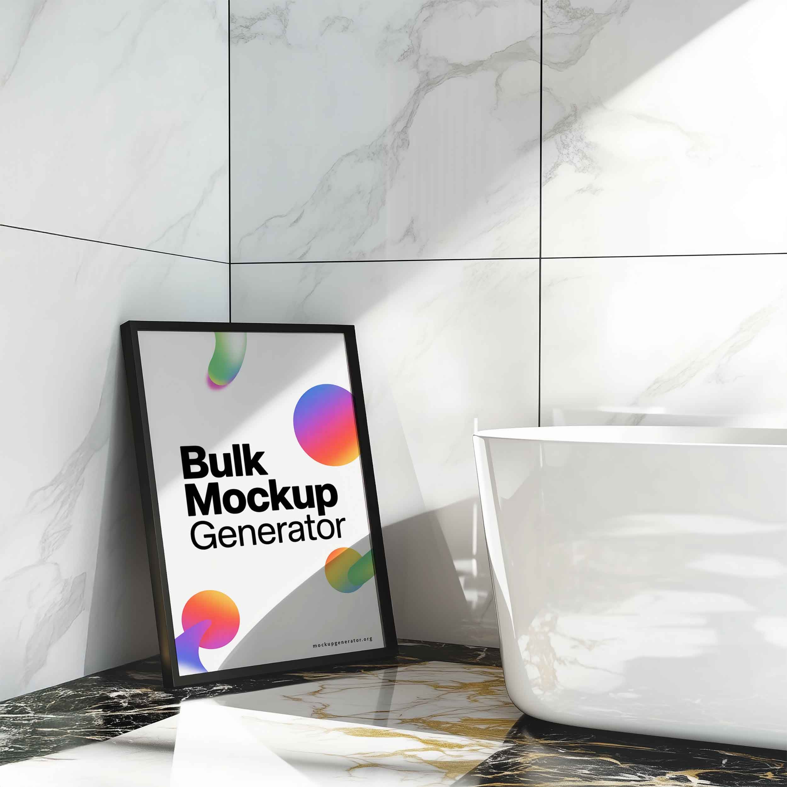 Black poster frame in bathroom poster mockup preview showing a styled bathroom
