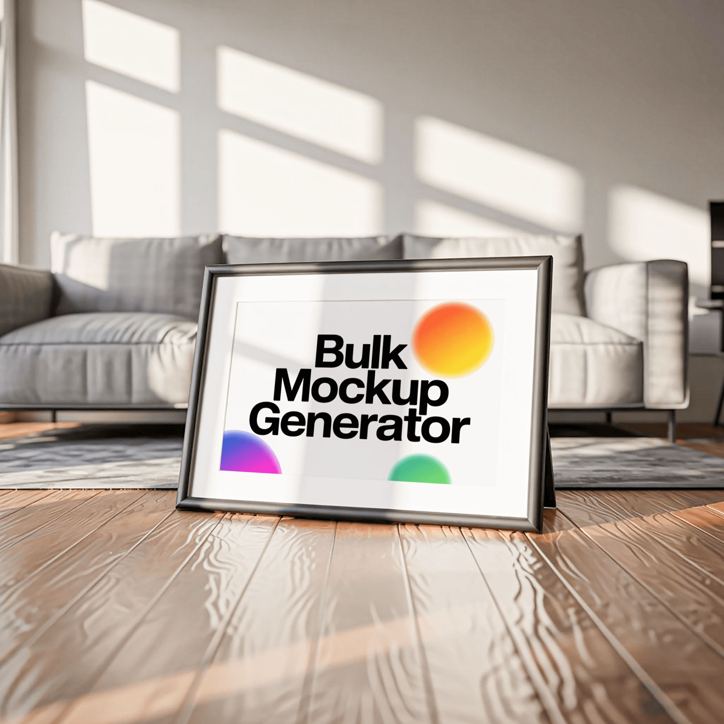 Poster frame on glossy floor, sofa behind poster mockup preview showing a product-focused styled surface